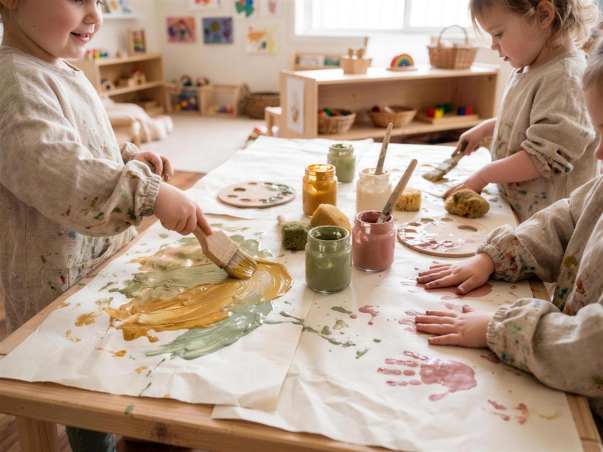 Children's hands painting colourful swirls on large sheets of paper