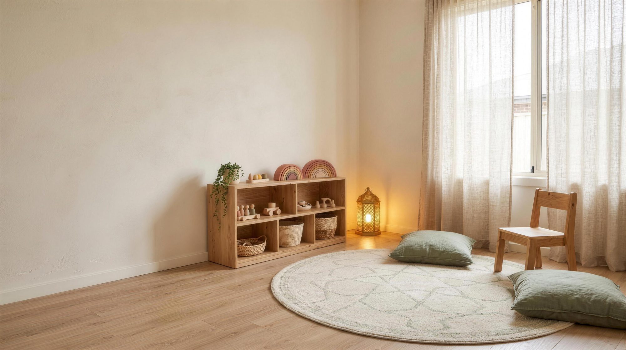 A calm playroom corner with a wooden toy shelf, floor cushions and a geometric patterned rug