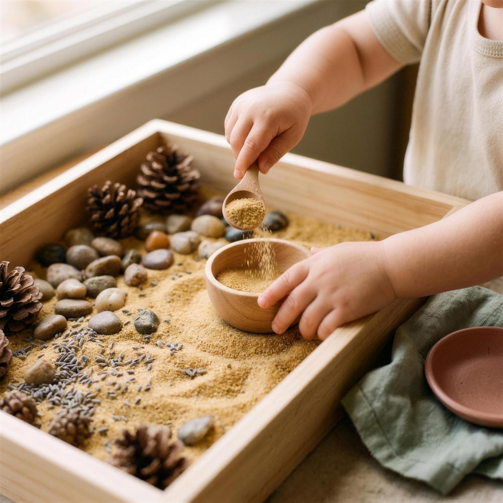 A toddler scooping sand with a wooden spoon in a sensory tray