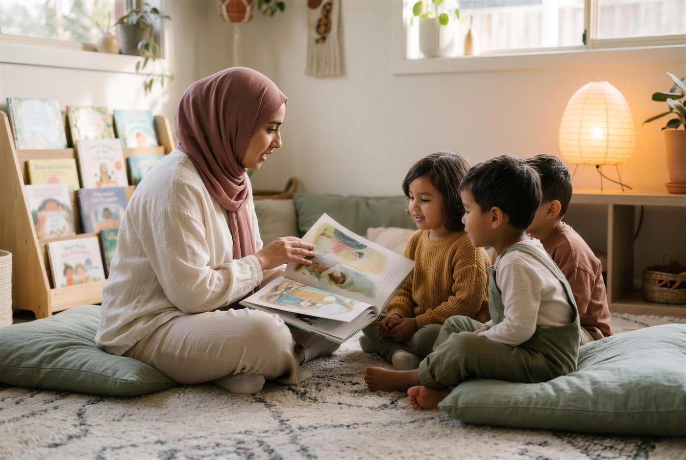 An educator reading a picture book to a small group of young children in a cosy reading corner
